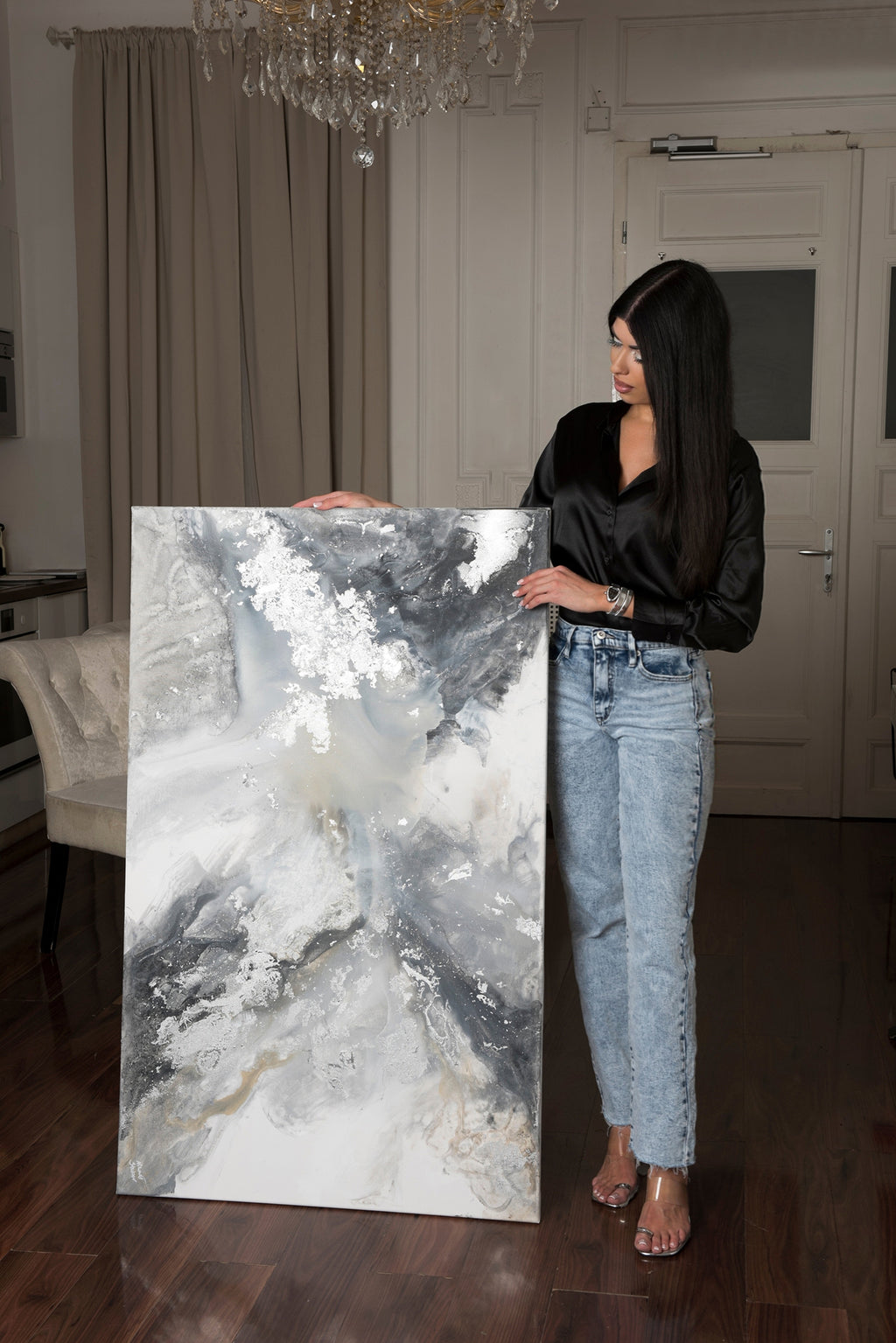 Silver Liliana - Texturált akril festmény sok ezüst részlettel (130x80cm) - MARBLE COLLECTION