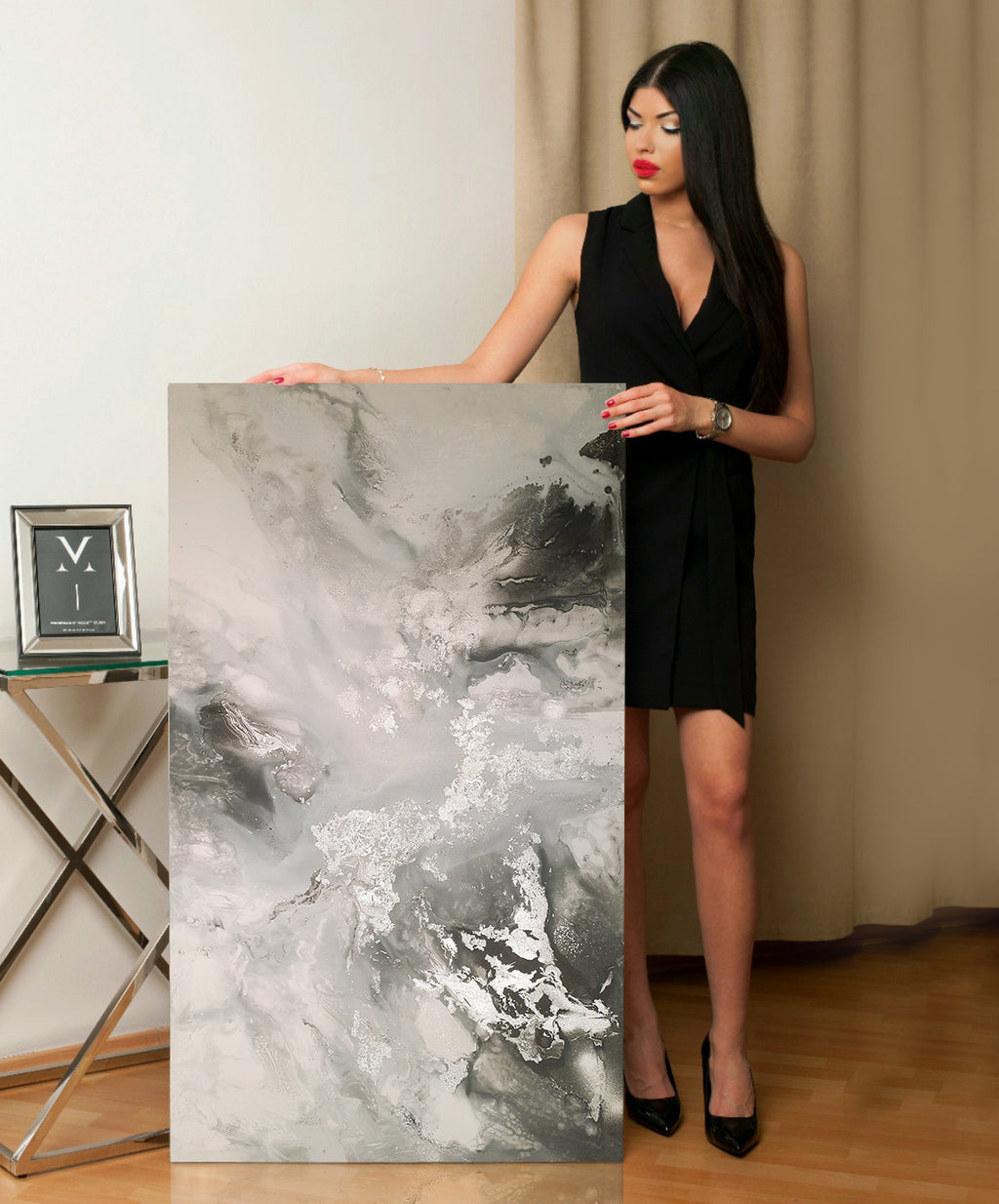 Silver Amaryllis - Texturált akril festmény sok ezüst részlettel (130x80cm) - MARBLE COLLECTION