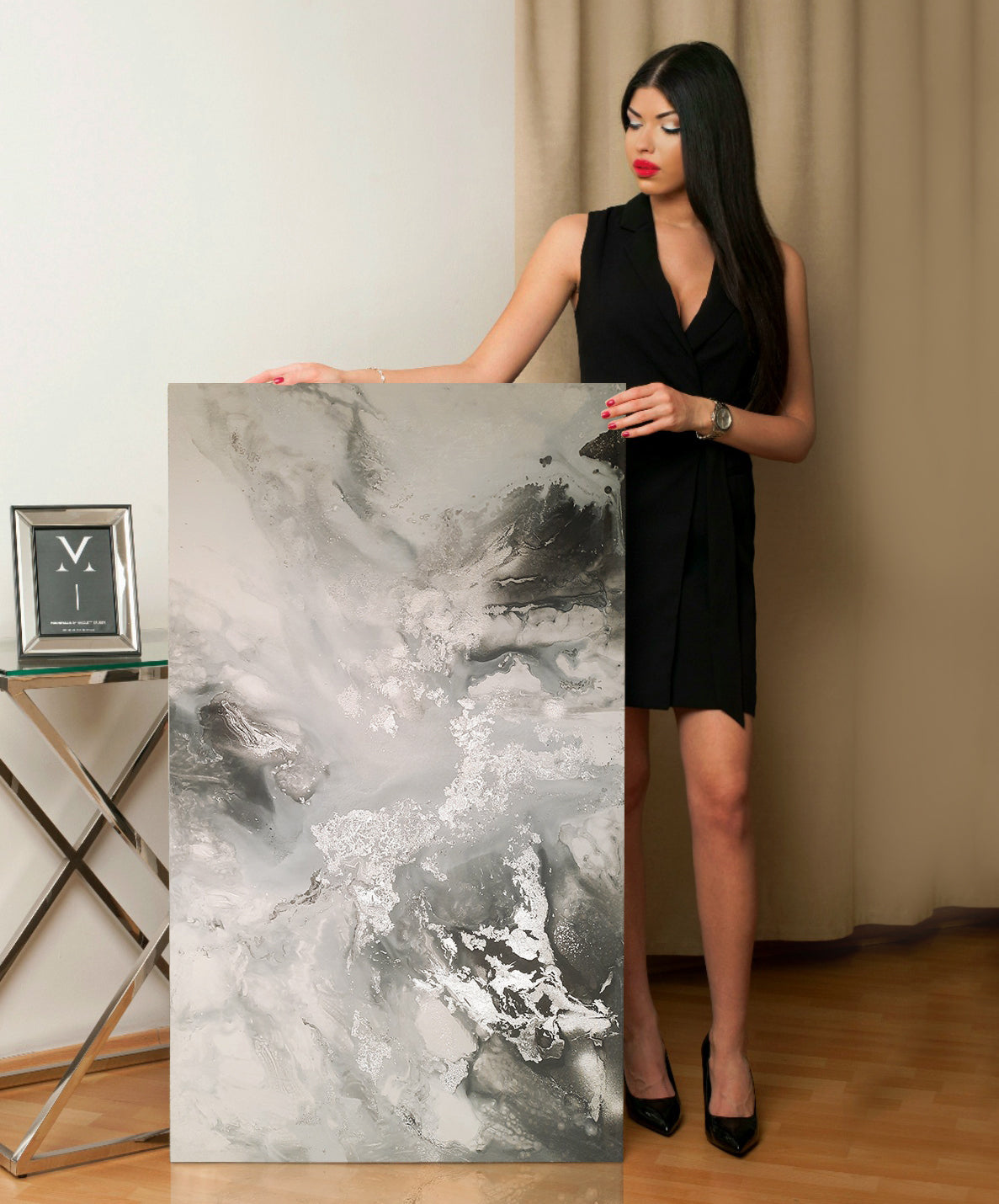 Silver Amaryllis - Texturált akril festmény sok ezüst részlettel (130x80cm) - MARBLE COLLECTION