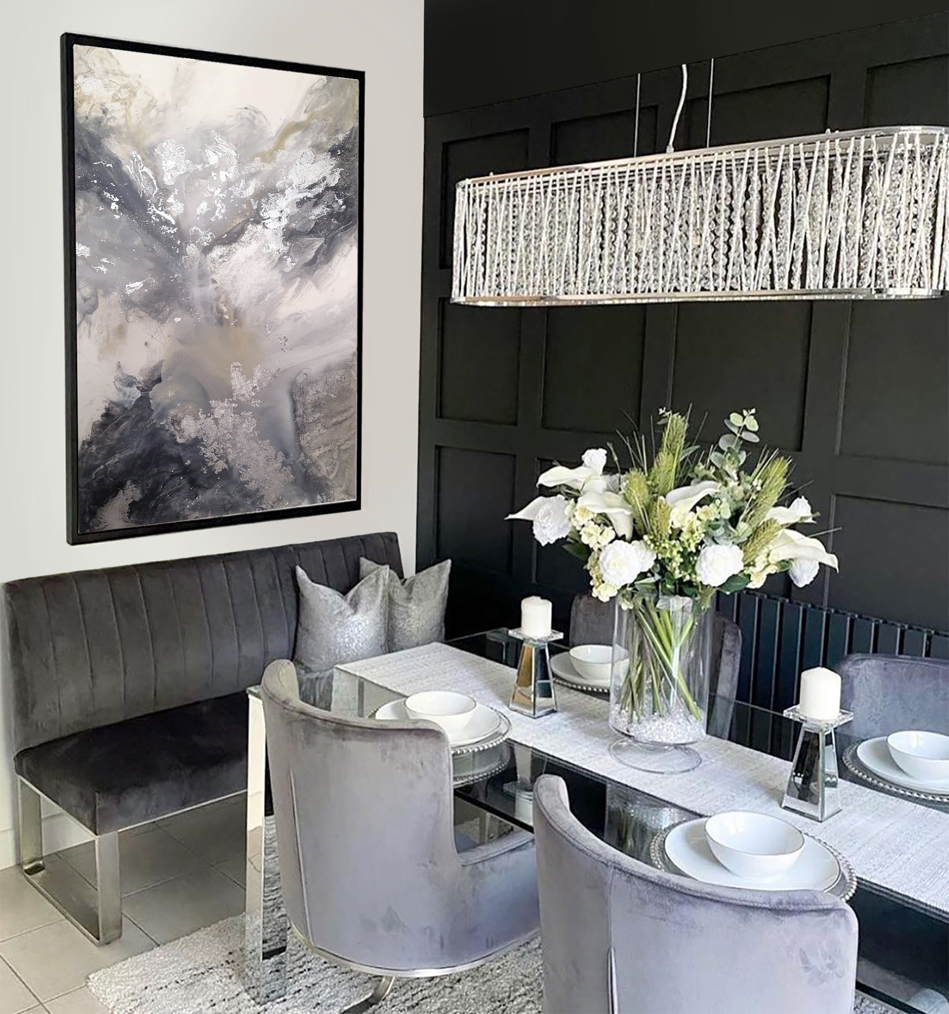 Silver Liliana - Texturált akril festmény sok ezüst részlettel (130x80cm) - MARBLE COLLECTION