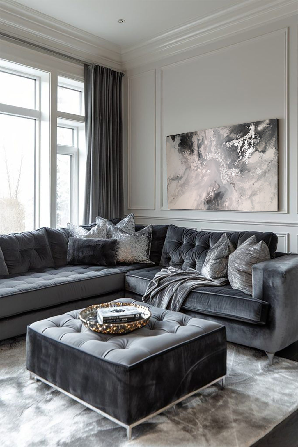 Silver Amaryllis - Texturált akril festmény sok ezüst részlettel (130x80cm) - MARBLE COLLECTION